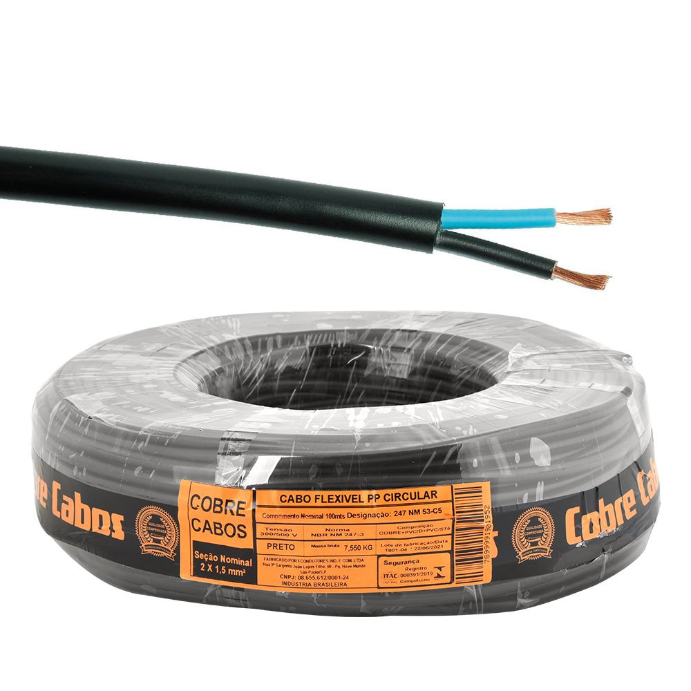 cabo fio flexivel pp circular extensao 2 x 1 50 mm preto rolo com 100 metros