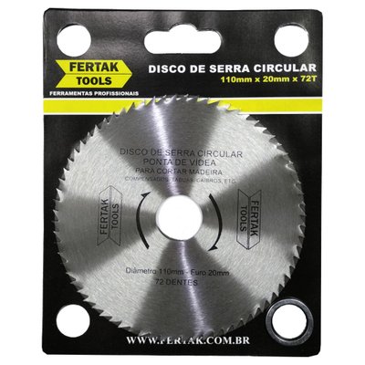 Disco de Serra Circular 110 mm x 20 mm x 72 Dentes Fertak
